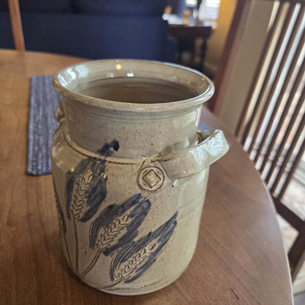 Speckled Gray Glaze With Blue Sheafs Of Wheat Cricked Signed Jesus Taylor